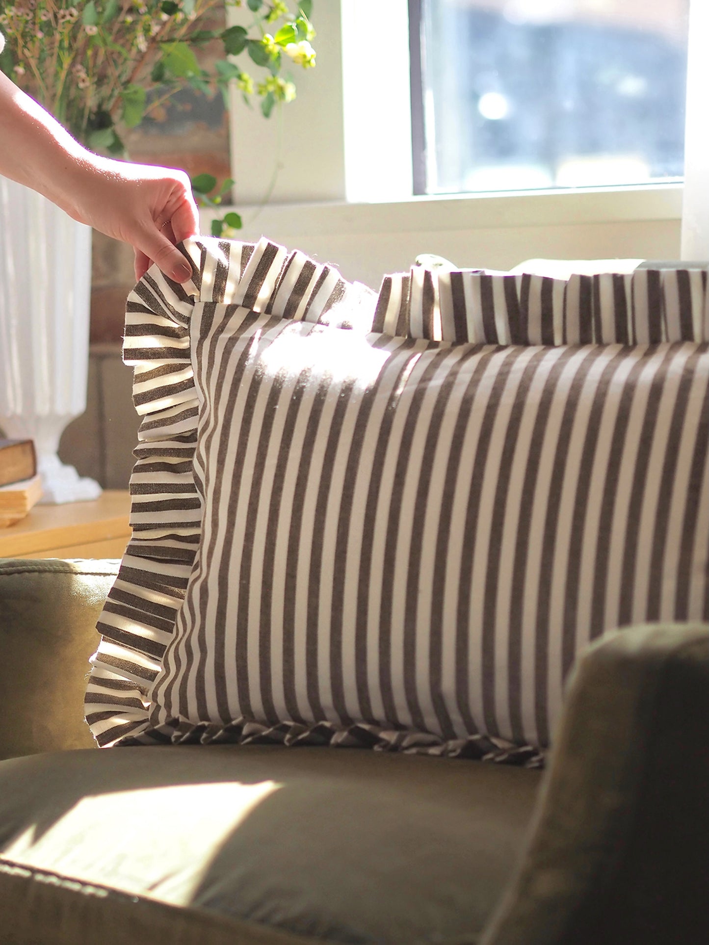 Olive Green Stripe Pillow | 14x20